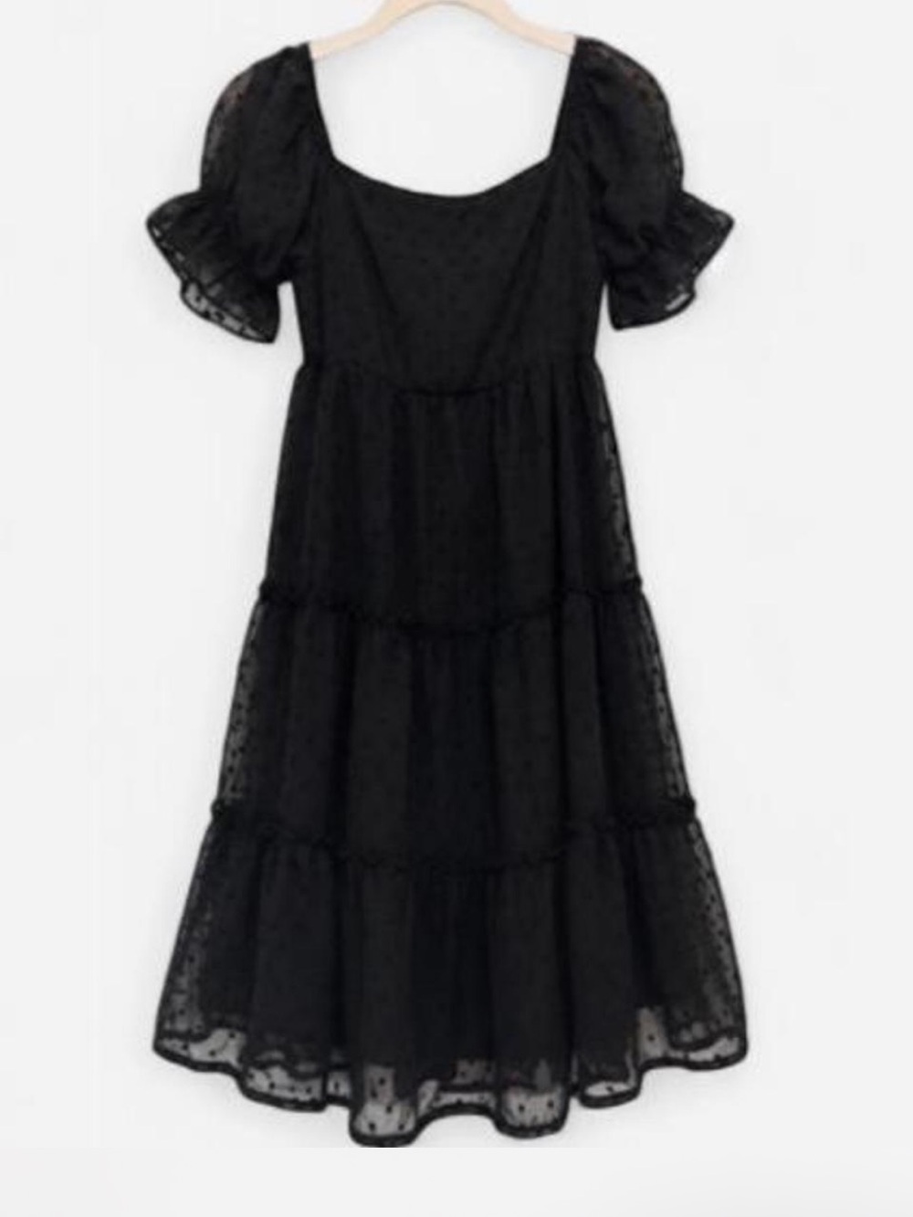 Black Puff-Sleeve Tiered Poka Dot Dress